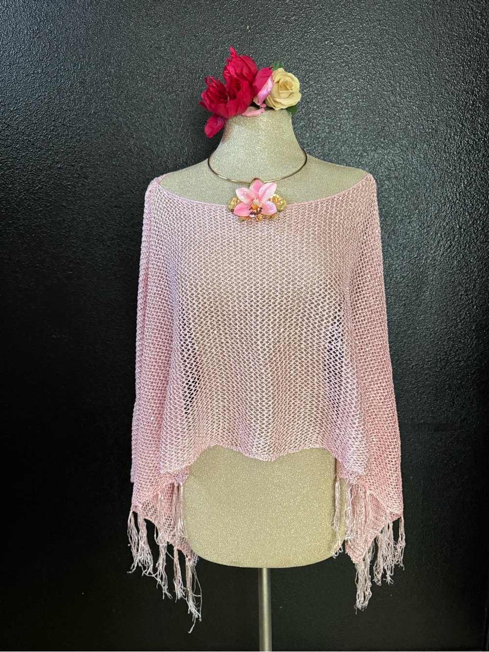 Light Pink Open Knit Fringe Women's Sweater
